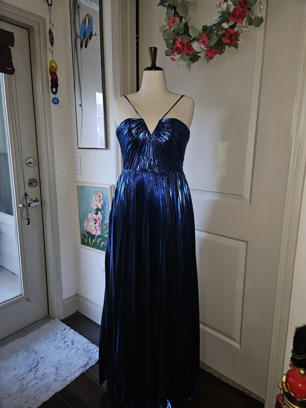 Gianni Bini Shimmery Navy Blue Pleated Spaghetti Strap Gown